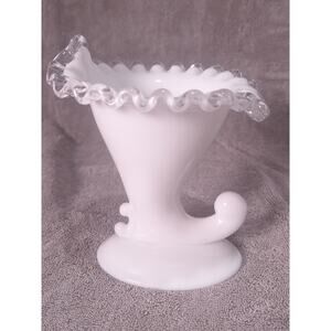 White Milk Glass Cornucopia Vase Clear Ruffled Rim Pedestal- Nice Condition